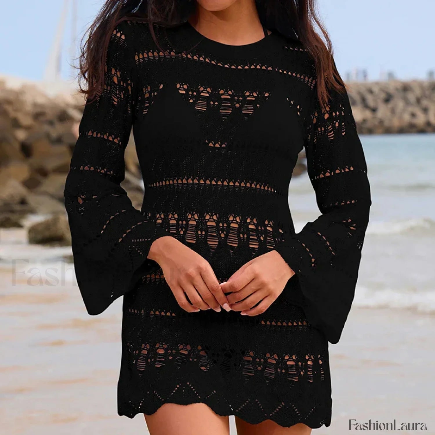 Textured Horn Sleeve Short Cover Up Black / S