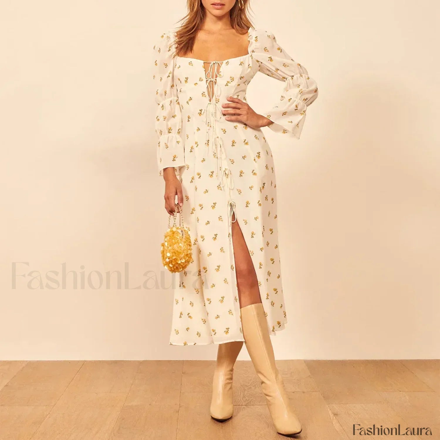 Three Quarter Ruffle Floral Dress Beige / S