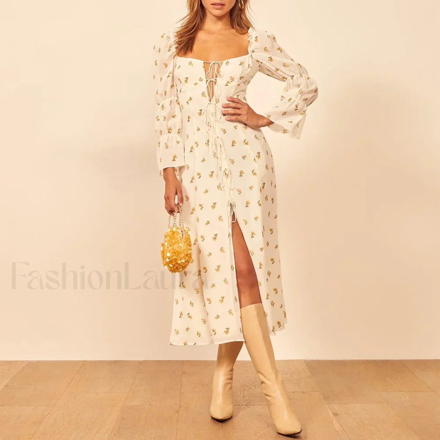 Three Quarter Ruffle Floral Dress Beige / S Main image