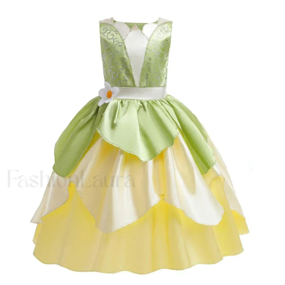 Tiana Princess Cosplay Carnival Kid Role Party Sleeveless Halloween Playing Dress Up Costume 3 4T (Tag XS) Tiana Dress A