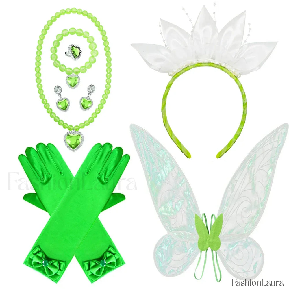 Tiana Princess Cosplay Carnival Kid Role Party Sleeveless Halloween Playing Dress Up Costume 3 4T (Tag XS) Tiana acc