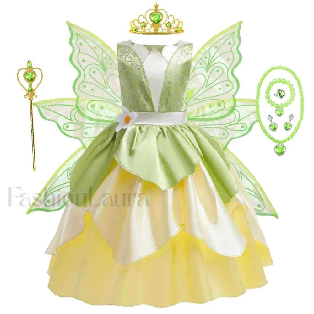 Tiana Princess Cosplay Carnival Kid Role Party Sleeveless Halloween Playing Dress Up Costume 3 4T (Tag XS) Tiana Dress E