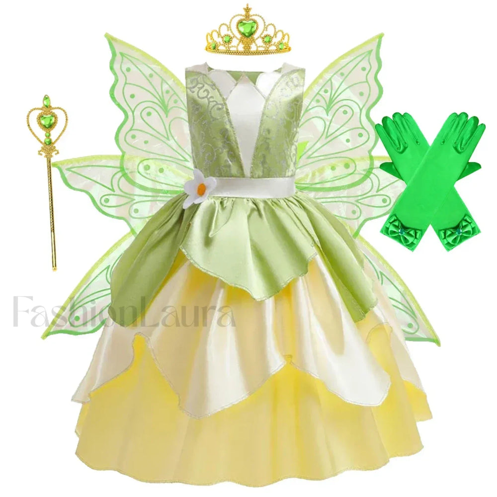 Tiana Princess Cosplay Carnival Kid Role Party Sleeveless Halloween Playing Dress Up Costume 3 4T (Tag XS) Tiana Dress F