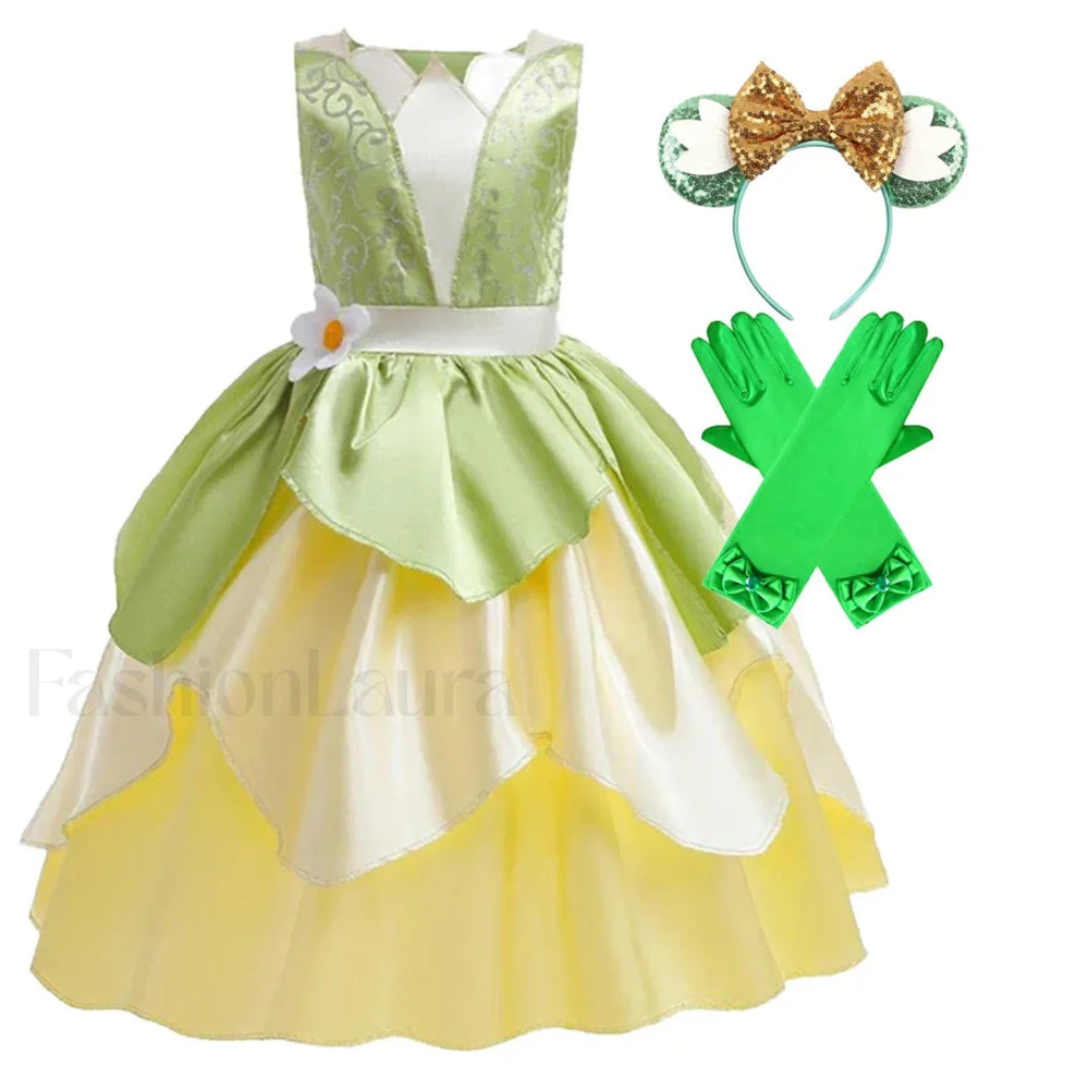 Tiana Princess Cosplay Carnival Kid Role Party Sleeveless Halloween Playing Dress Up Costume 3 4T (Tag XS) Tiana Dress K