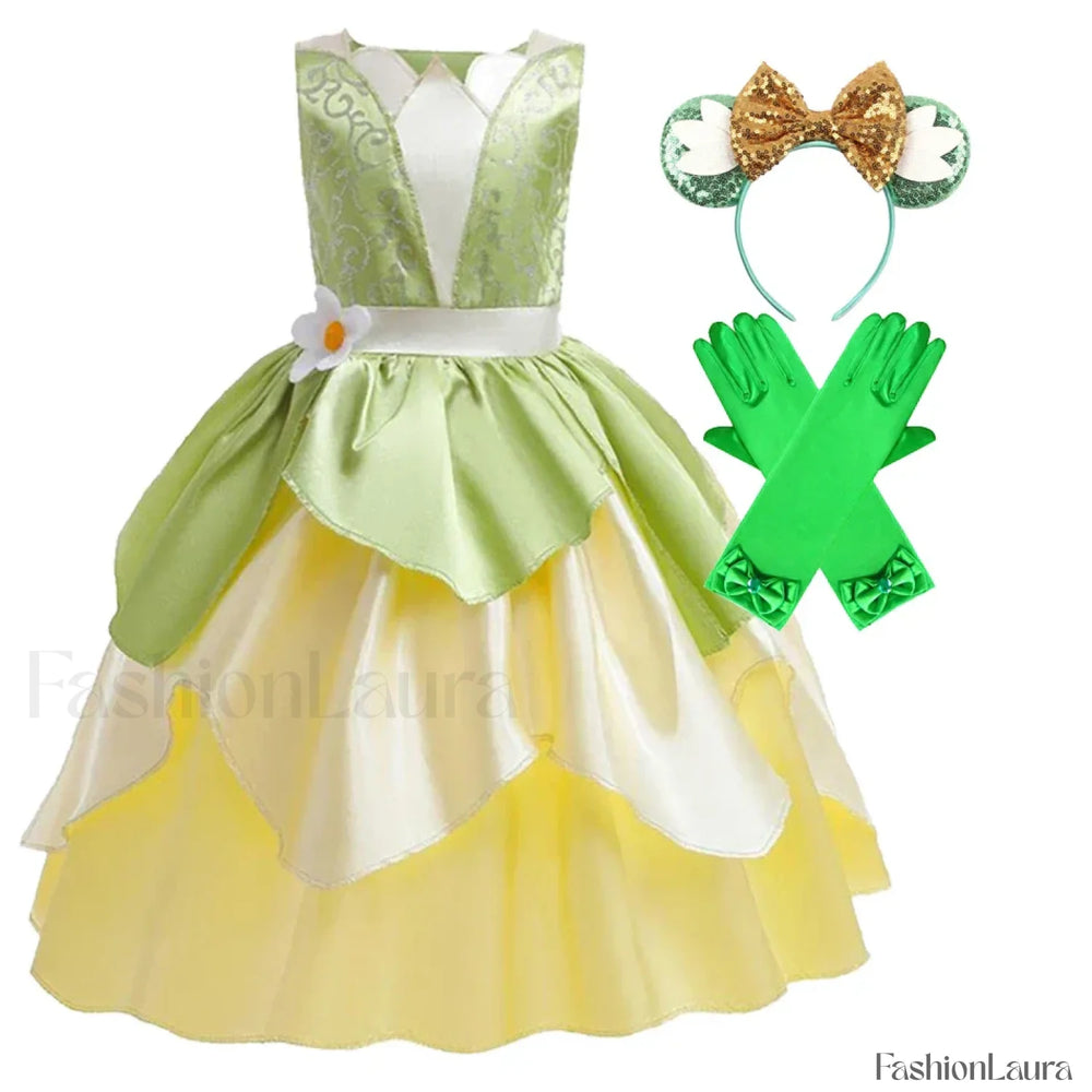 Tiana Princess Cosplay Carnival Kid Role Party Sleeveless Halloween Playing Dress Up Costume 3 4T (Tag XS) Tiana Dress K
