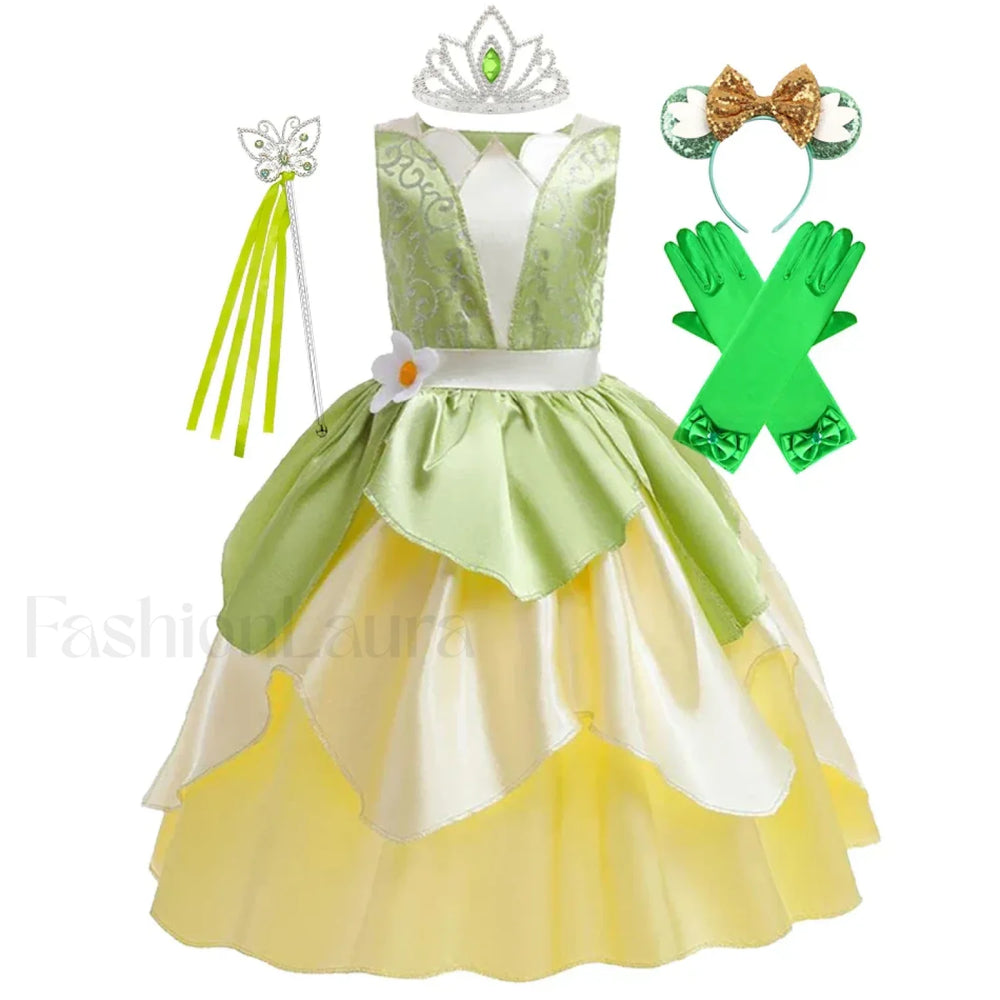 Tiana Princess Cosplay Carnival Kid Role Party Sleeveless Halloween Playing Dress Up Costume 3 4T (Tag XS) Tiana Dress H