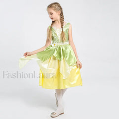 Tiana Princess Cosplay Carnival Kid Role Party Sleeveless Halloween Playing Dress Up Costume