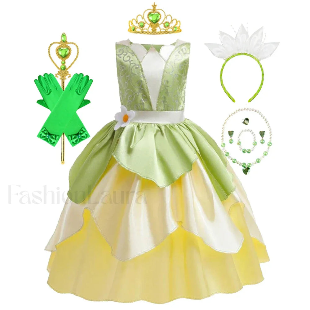 Tiana Princess Cosplay Carnival Kid Role Party Sleeveless Halloween Playing Dress Up Costume 3 4T (Tag XS) Tiana Dress D