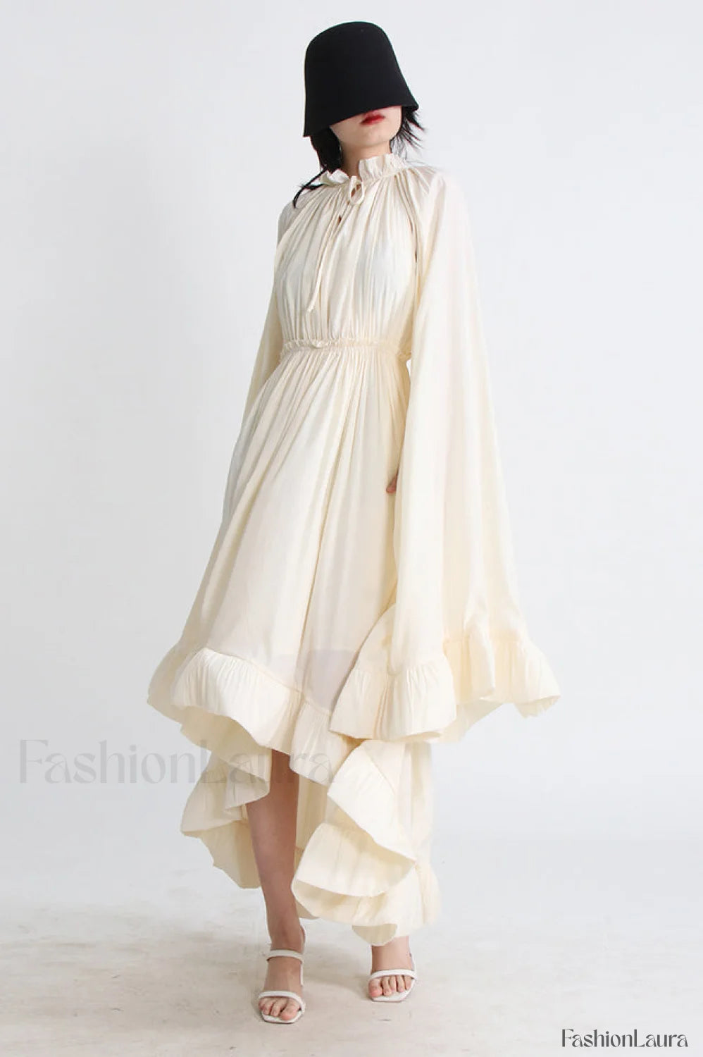 Tie Detailed Stylish Ruffled Crepe Dress