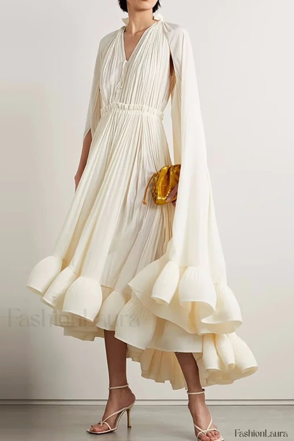 Tie Detailed Stylish Ruffled Crepe Dress