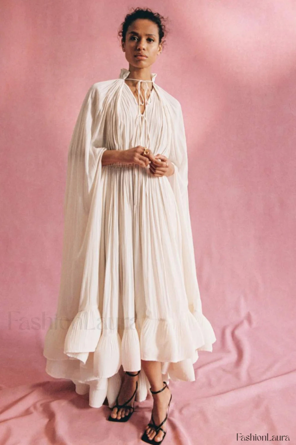 Tie Detailed Stylish Ruffled Crepe Dress