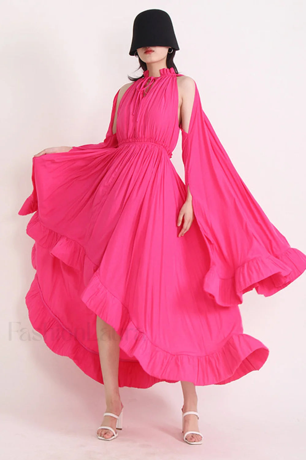 Tie Detailed Stylish Ruffled Crepe Dress