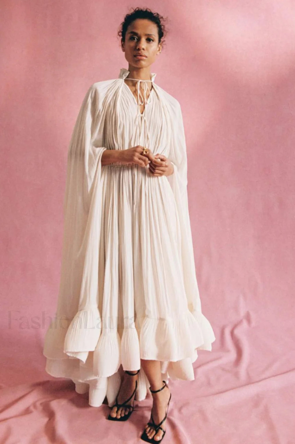 Tie Detailed Stylish Ruffled Crepe Dress Main image