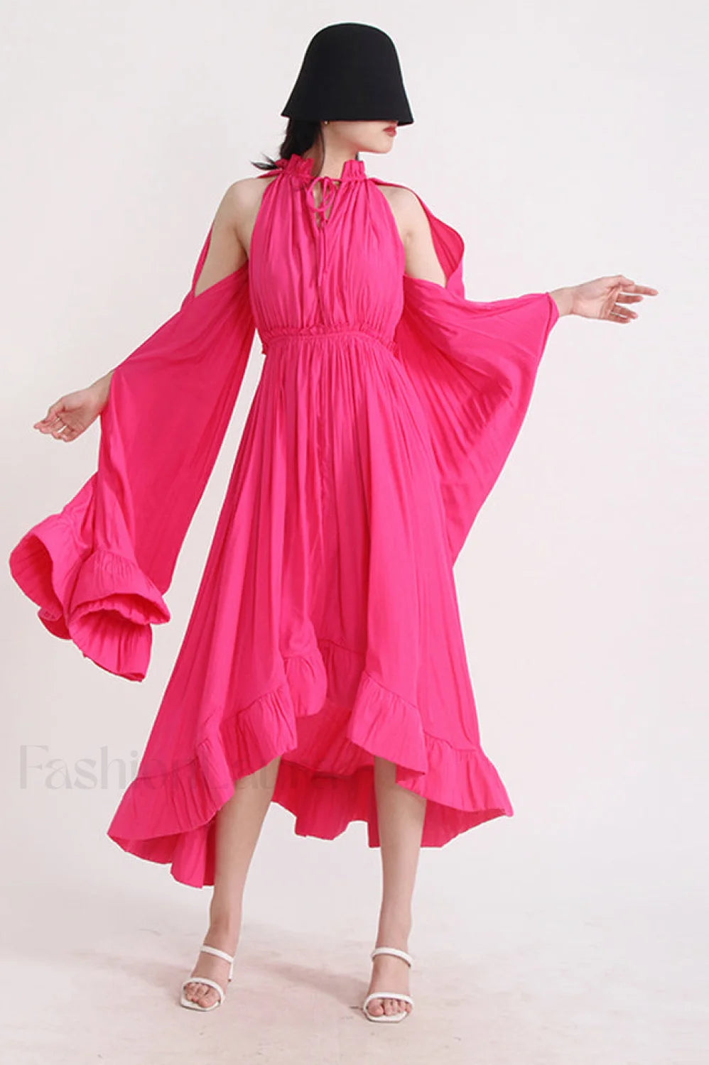 Tie Detailed Stylish Ruffled Crepe Dress S / Fuchsia