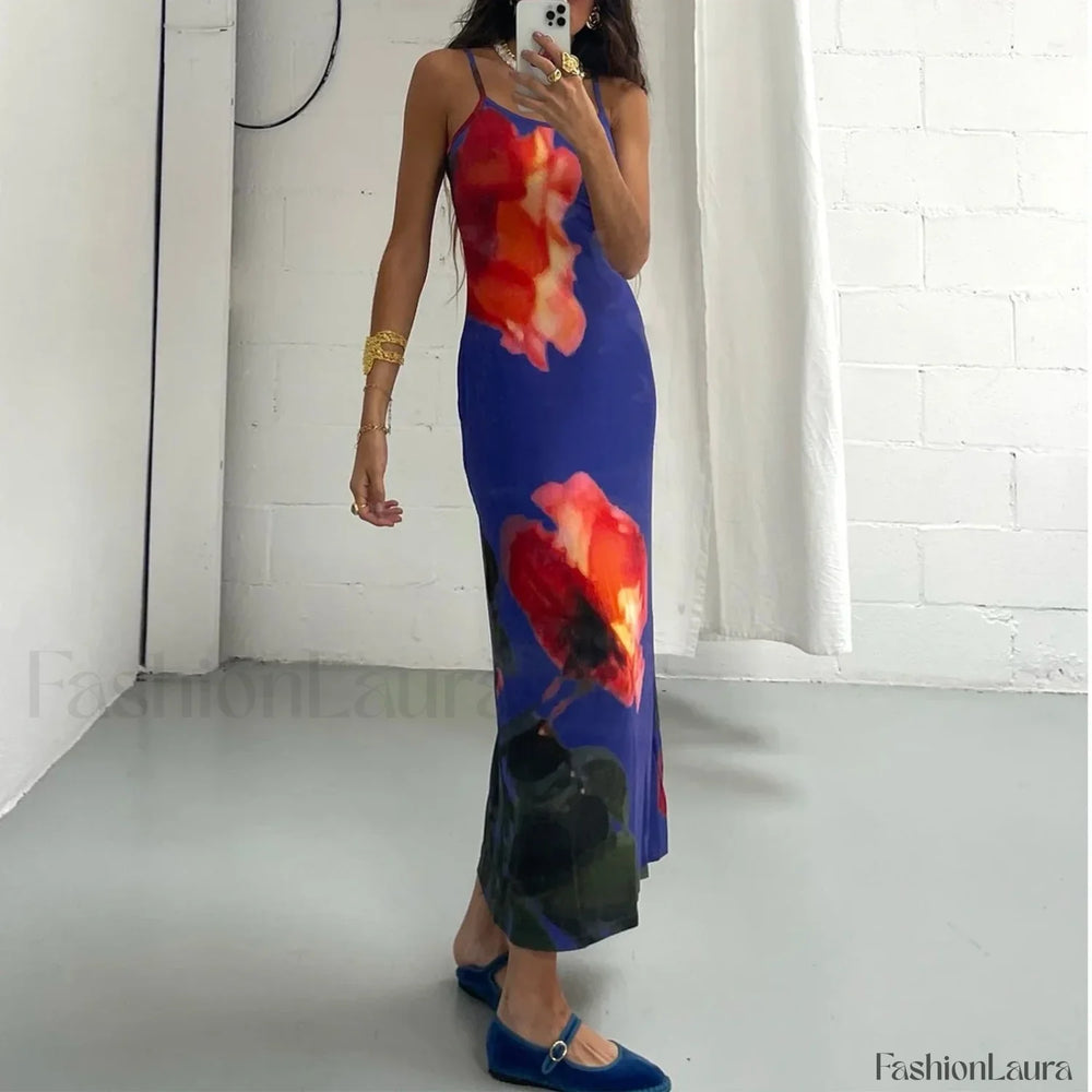 Tie Dye Floral Bodycon Maxi Dress Blue / S