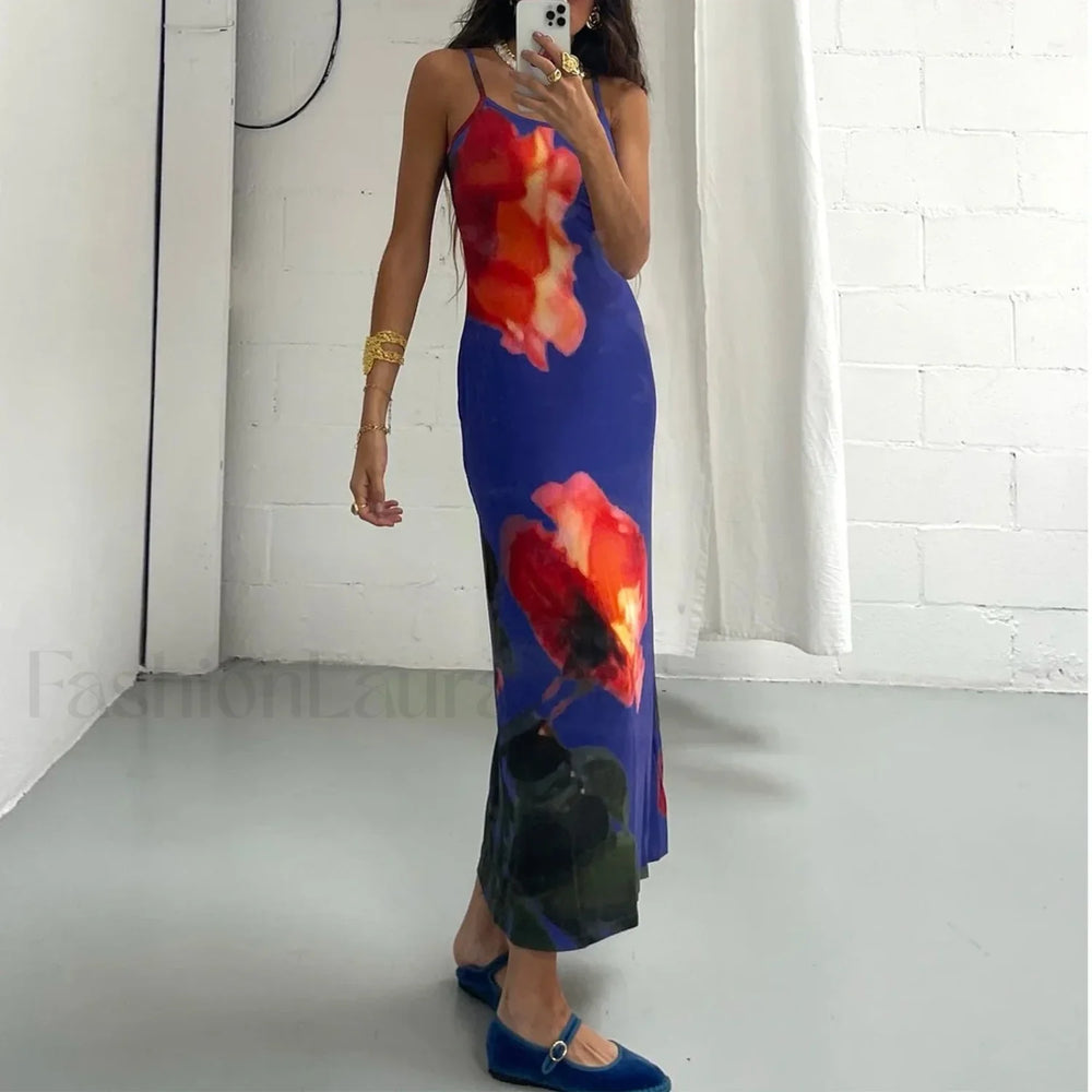 Tie Dye Floral Bodycon Maxi Dress Blue / S