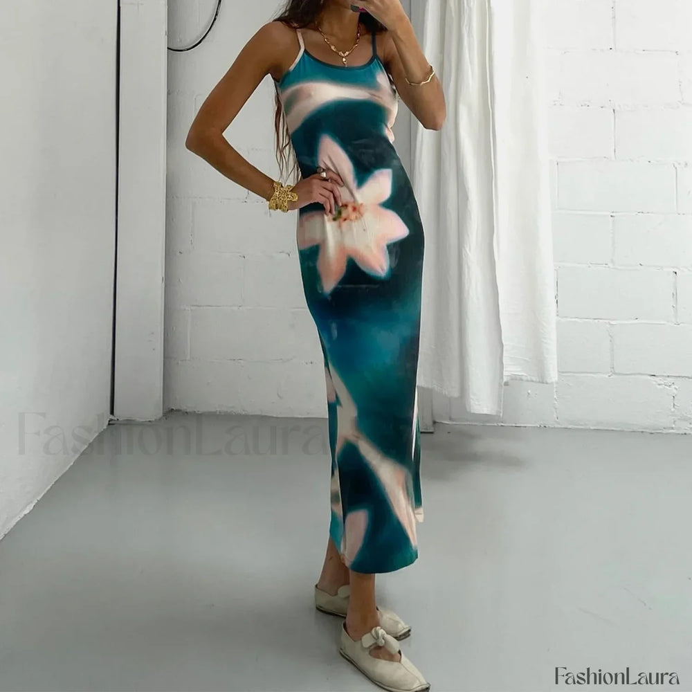 Tie Dye Floral Bodycon Maxi Dress Green / S