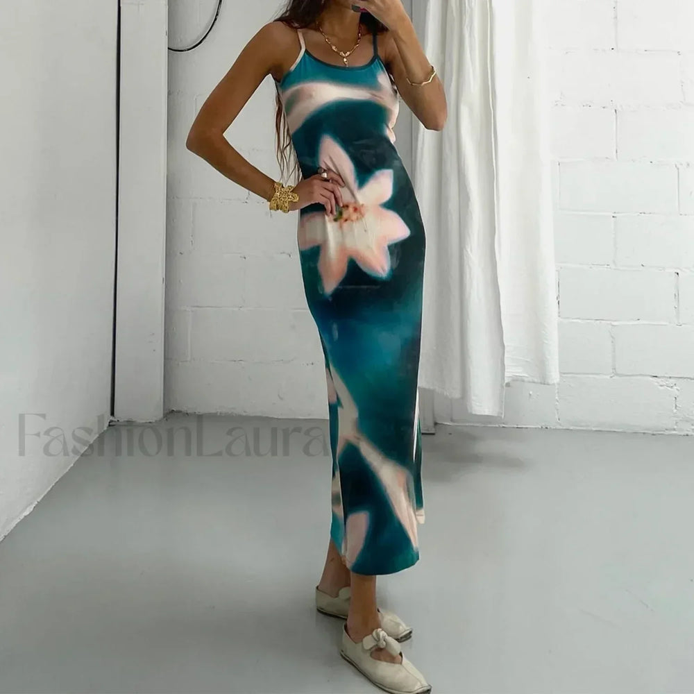 Tie Dye Floral Bodycon Maxi Dress Green / S