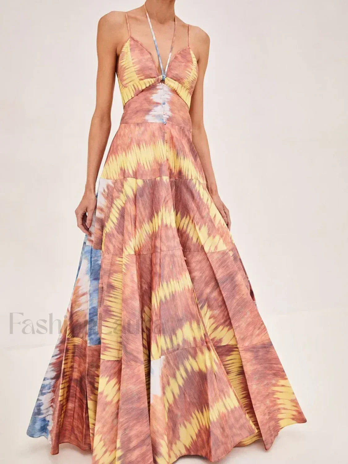 Tie Dye Patchwork Backless Maxi Dress BROWN / S Main image