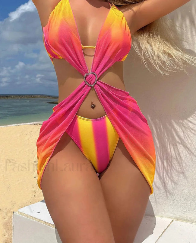 Tie Dye Striped Dress Bikini Three Piece Set Main image