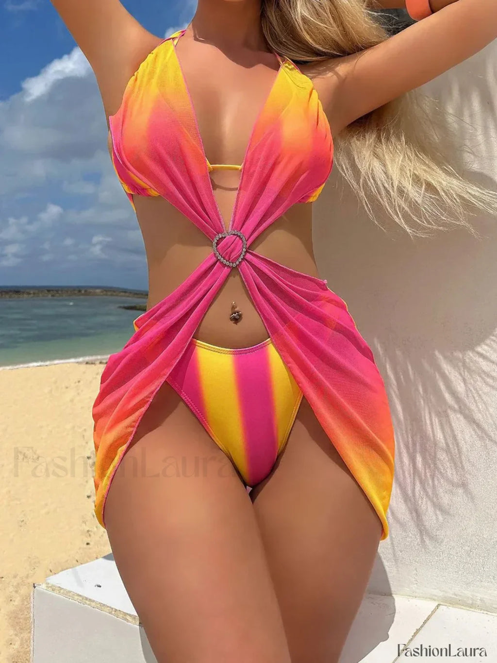 Tie Dye Striped Dress Bikini Three Piece Set Red Yellow / S