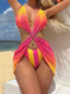 Tie Dye Striped Dress Bikini Three Piece Set Red Yellow / S