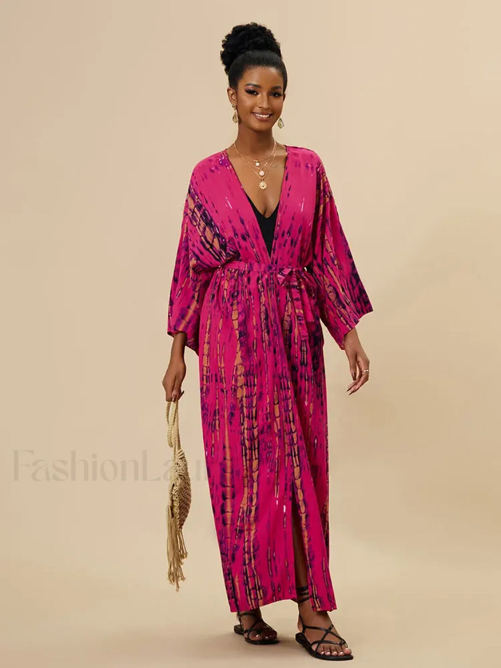 Tie dye Striped Tunic Cover Up ROSE RED / One Size