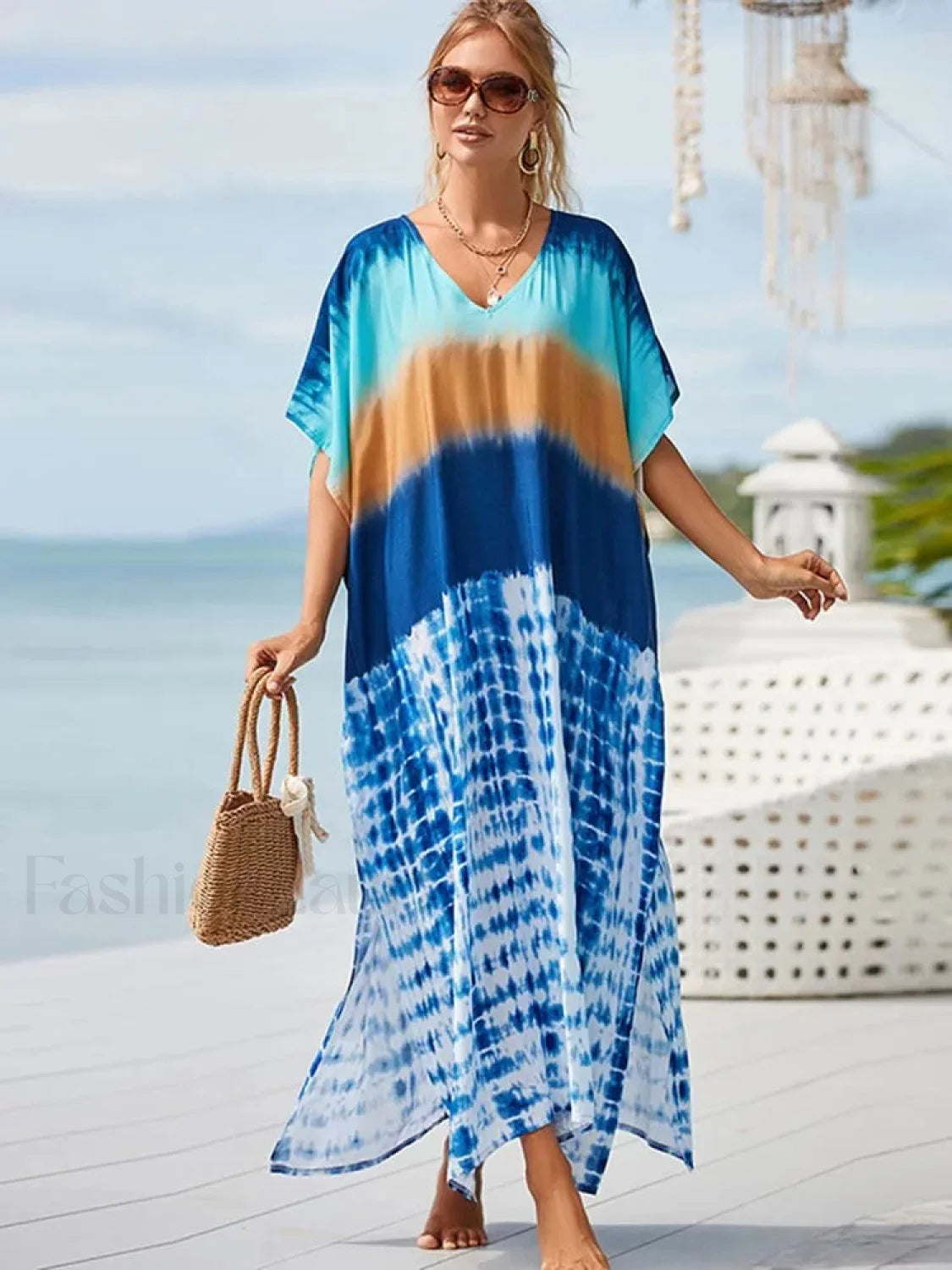 Tie Dye V Neck Plus Size Cover Up BLUE / One Size Main image