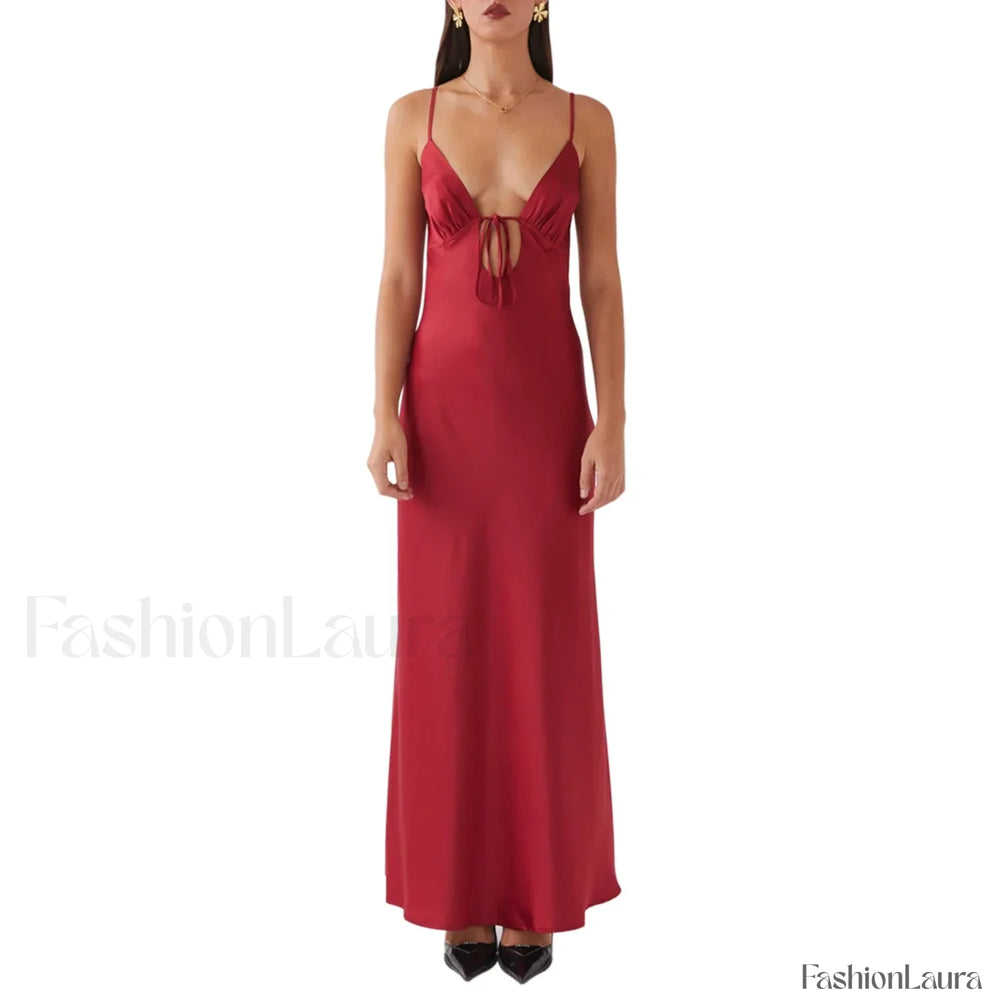 Tie Front Backless Cami Maxi Dress Burgundy / S
