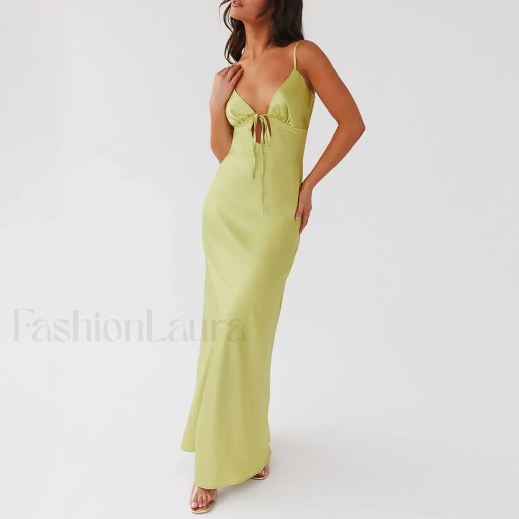 Tie Front Backless Cami Maxi Dress Green / S