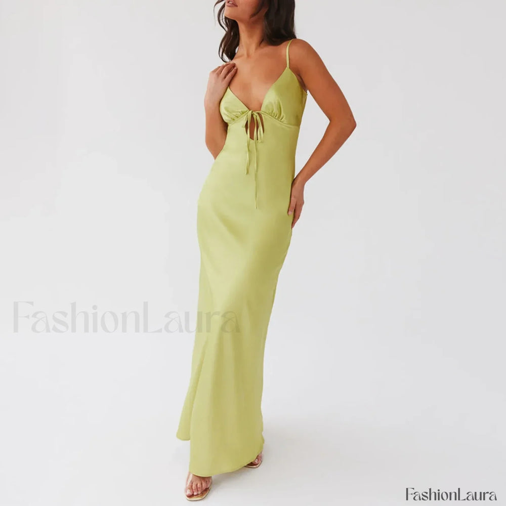Tie Front Backless Cami Maxi Dress Green / S