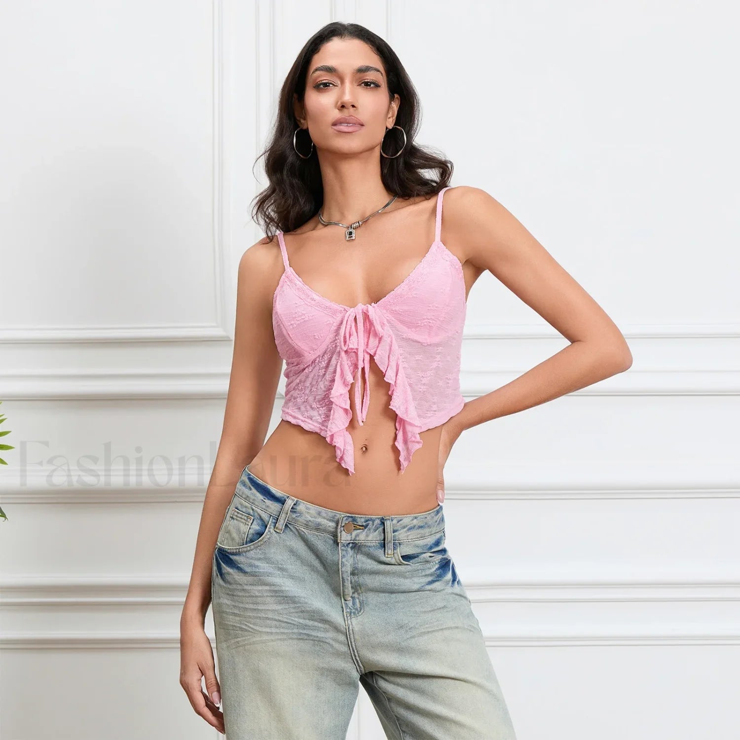Tie-Front Lace Trim Crop Top Secondary image