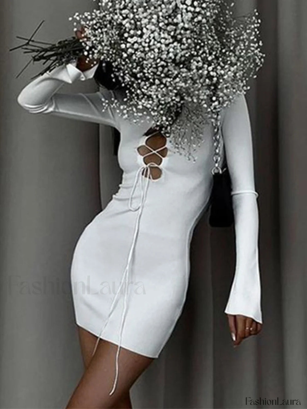 Tie Front Ribbed Long Sleeve Mini Dress Mini Dresses