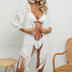 Tie Front Tassel Crochet Cover Up WHITE / One Size