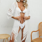 Tie Front Tassel Crochet Cover Up WHITE / One Size
