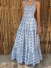 Tie Strap Floral A Line Maxi Dress blue / S