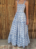 Tie Strap Floral A Line Maxi Dress blue / S