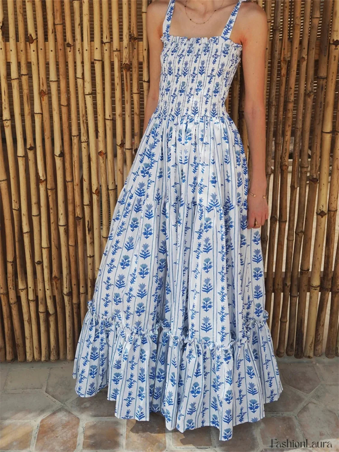 Tie Strap Floral A Line Maxi Dress blue / S
