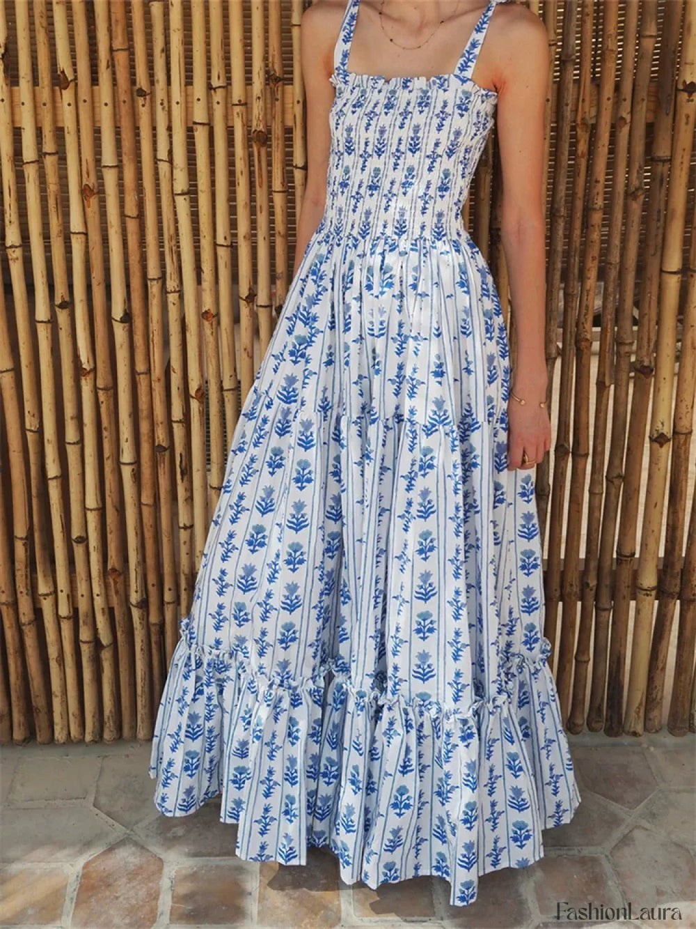 Tie Strap Floral A Line Maxi Dress blue / S