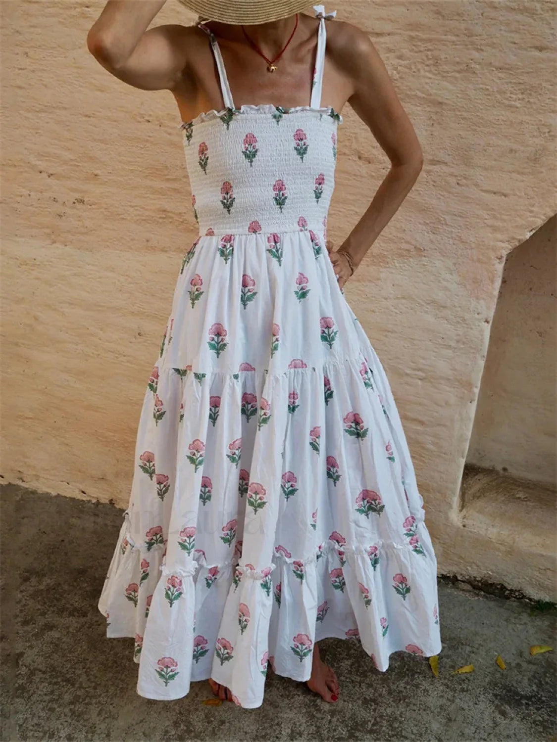 Tie Strap Floral A Line Maxi Dress white / S