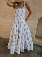 Tie Strap Floral A Line Maxi Dress white / S