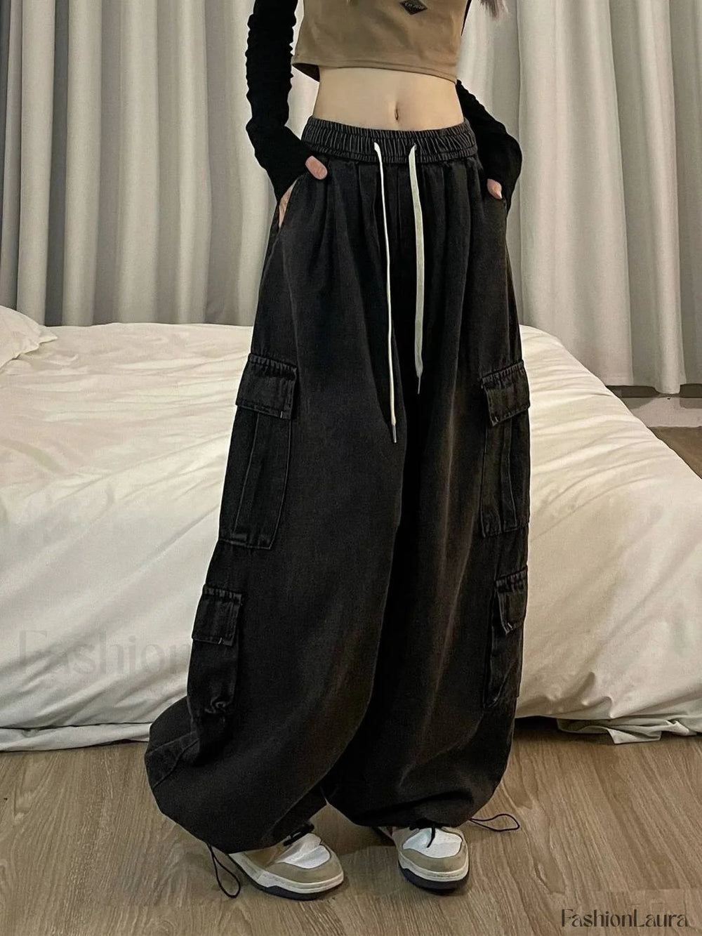 Tie Strap Graceful Baggy Cargo Jeans women clothing