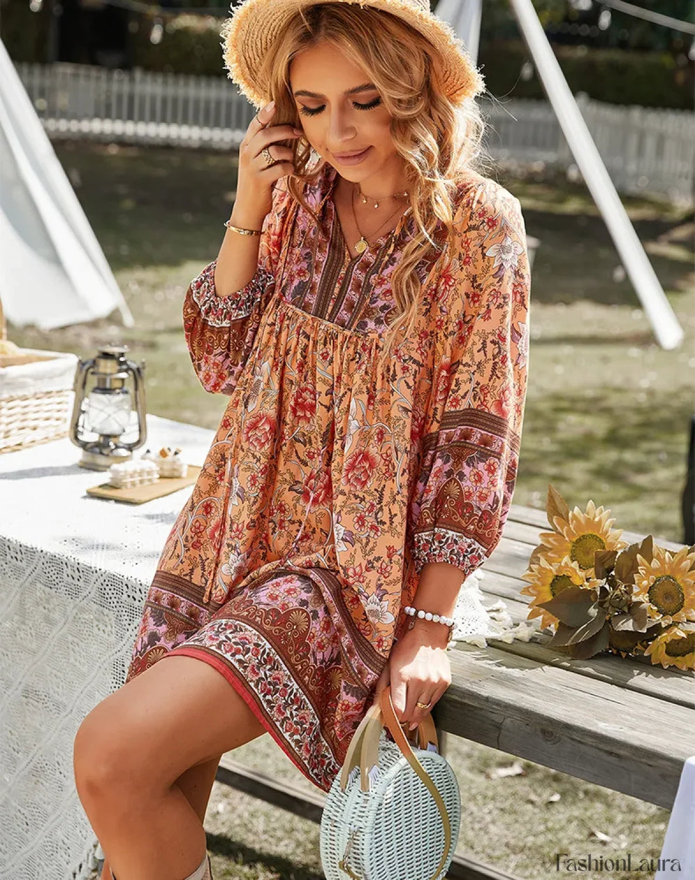 Tie Up Floral Mini Boho Dress