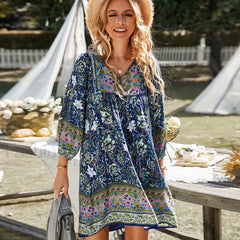 Tie Up Floral Mini Boho Dress Navy blue / S