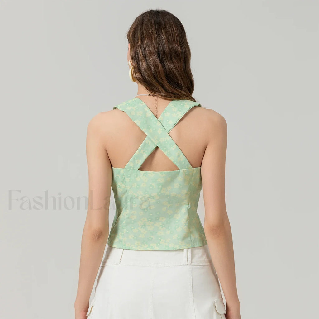 Tie Up Floral Slim Crop Top