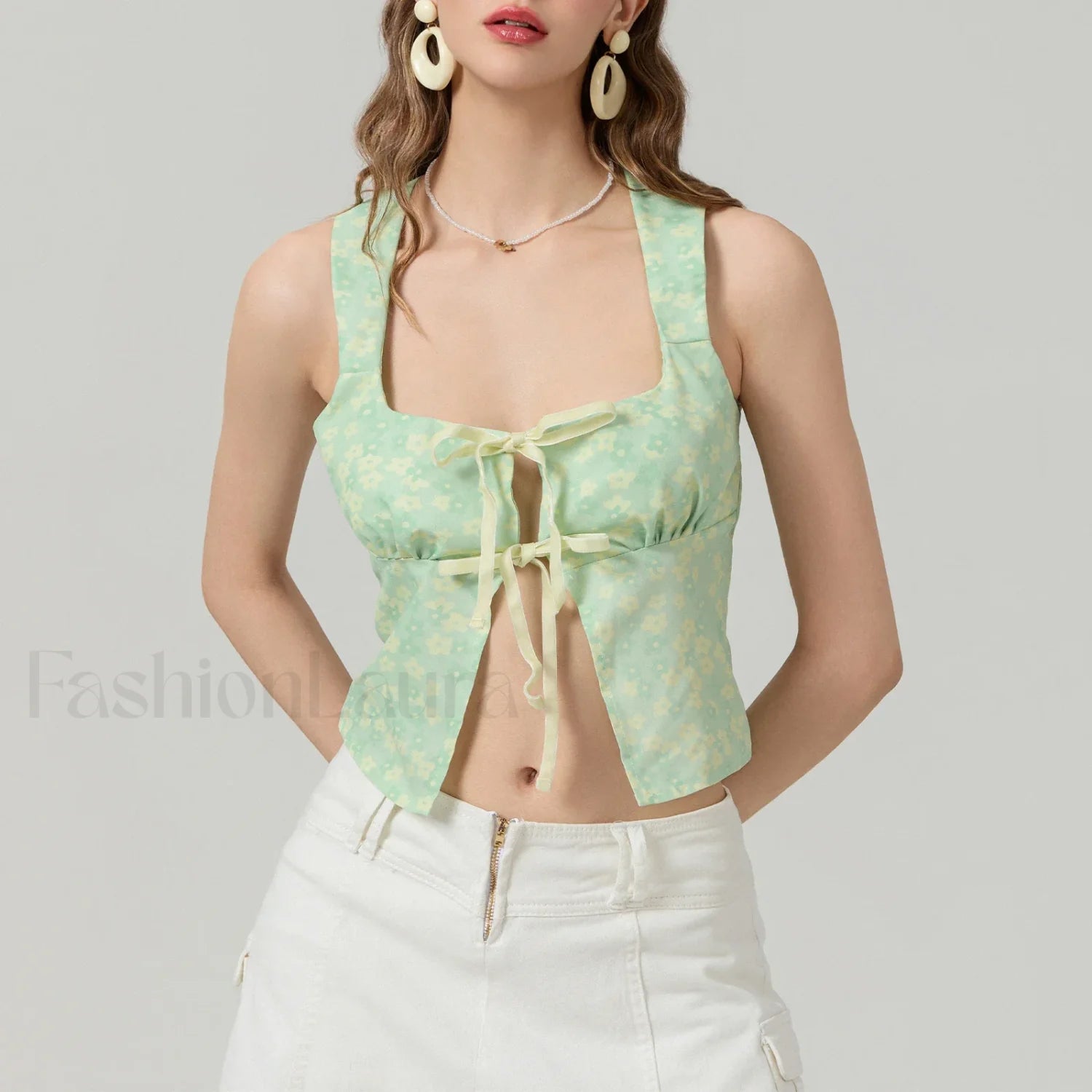 Tie Up Floral Slim Crop Top Green / S Main image