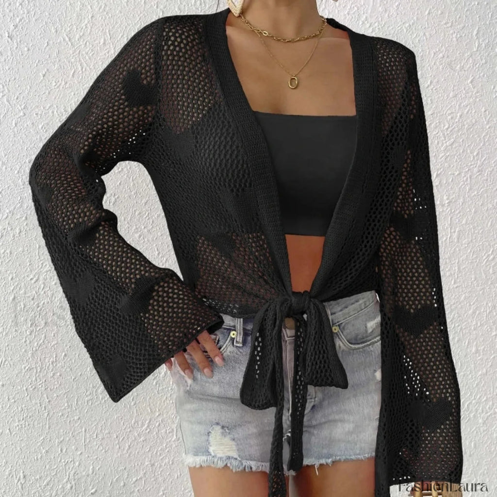 Tie Up Loose Knit Beach Cover Up Black / One Size