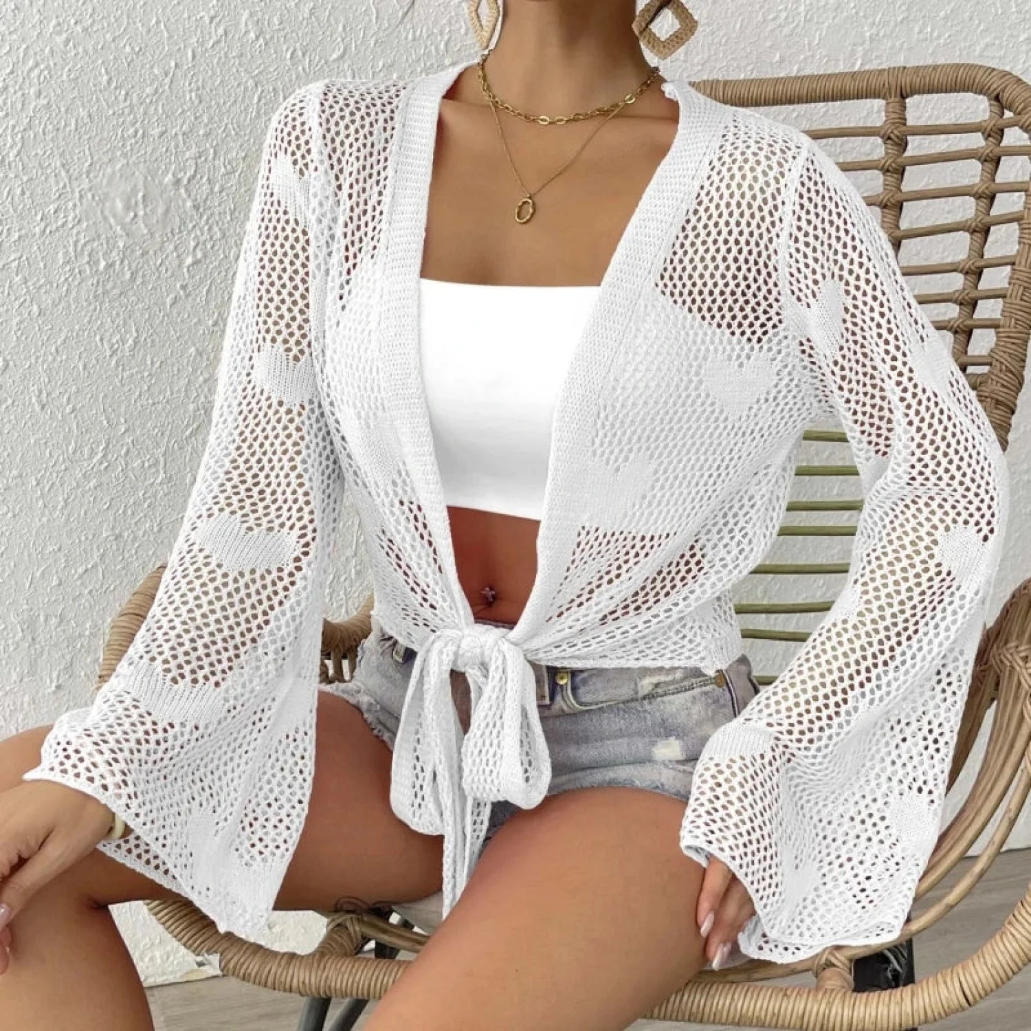 Tie Up Loose Knit Beach Cover Up WHITE / One Size