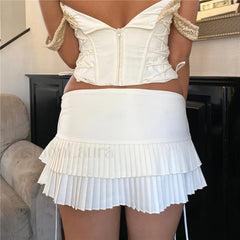 Tie Up Pleated White Mini Skirt
