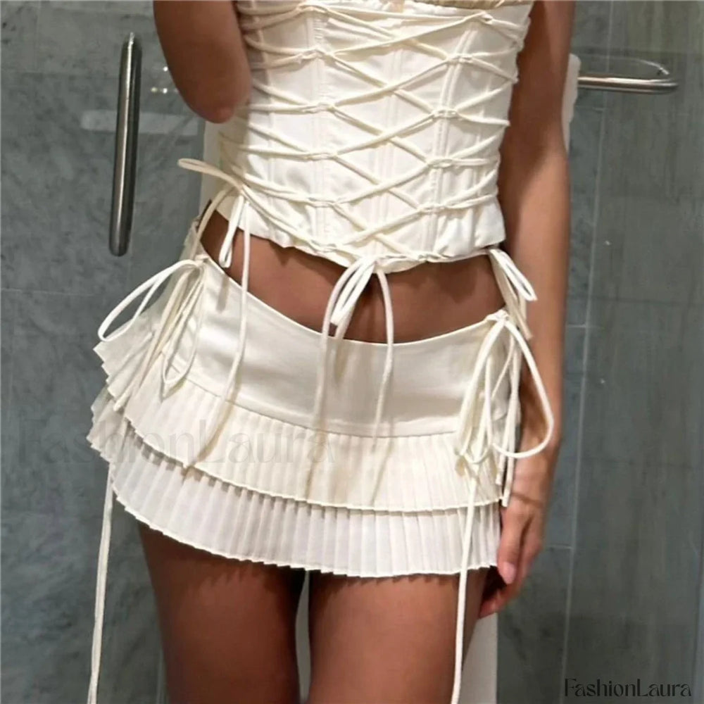 Tie Up Pleated White Mini Skirt